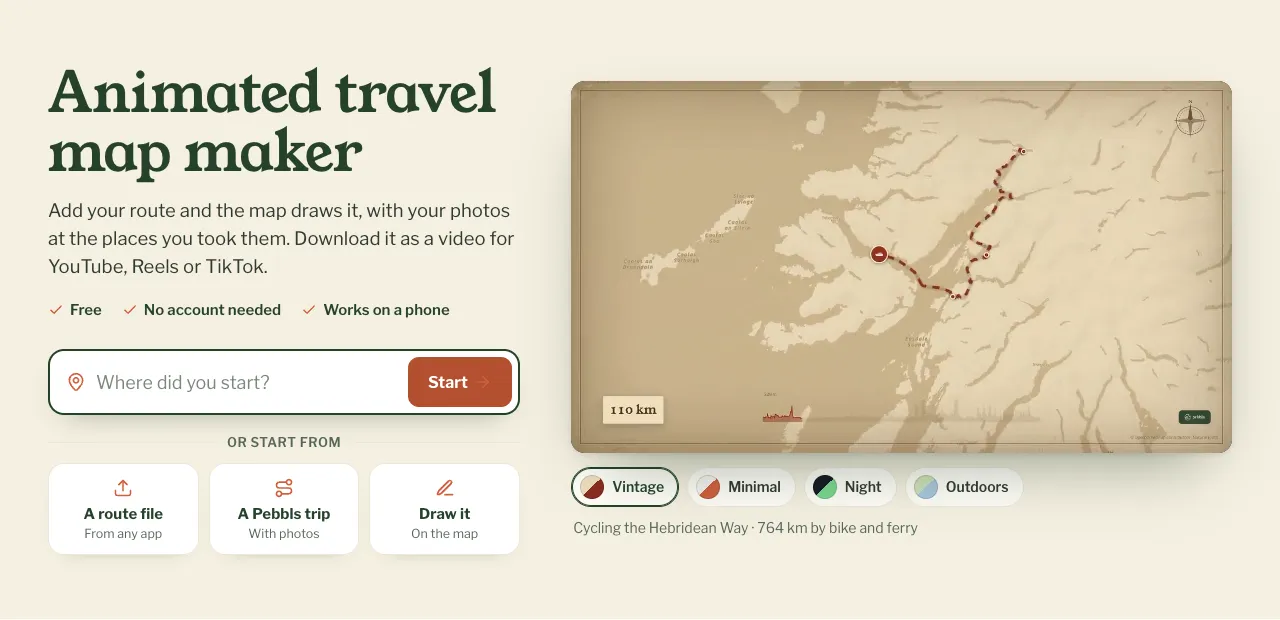 The start of Animated travel map: type where you started, or start from a file, a Pebbls trip or a drawing