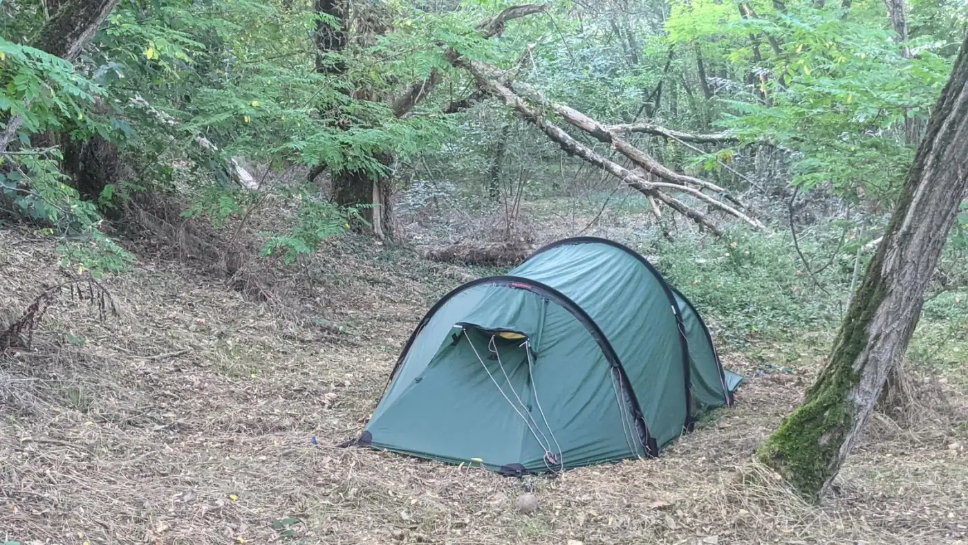A wild camp in the woods in Italy, on our ride to Georgia