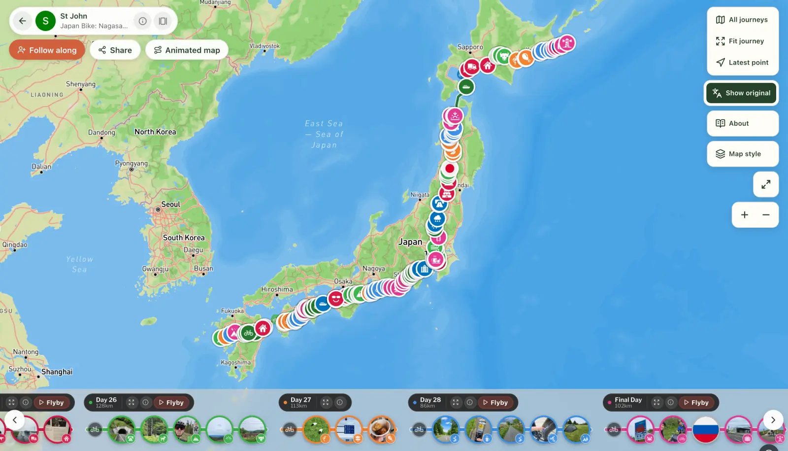 St John's ride the length of Japan on the map: every pebbl where it happened, and the chapters day by day along the bottom