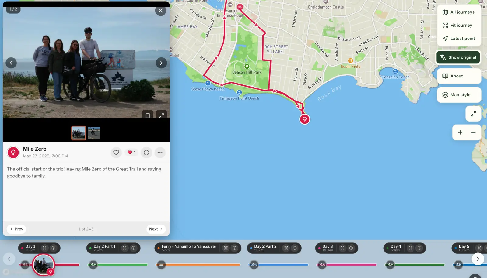 Jeremy's first pebbl, open on the map: Mile Zero in Victoria, saying goodbye to family, pinned at the spot where his ride across Canada began