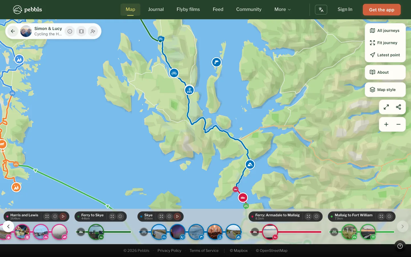 A chapter of a bike tour on Skye, with the route in blue and pebbls along it