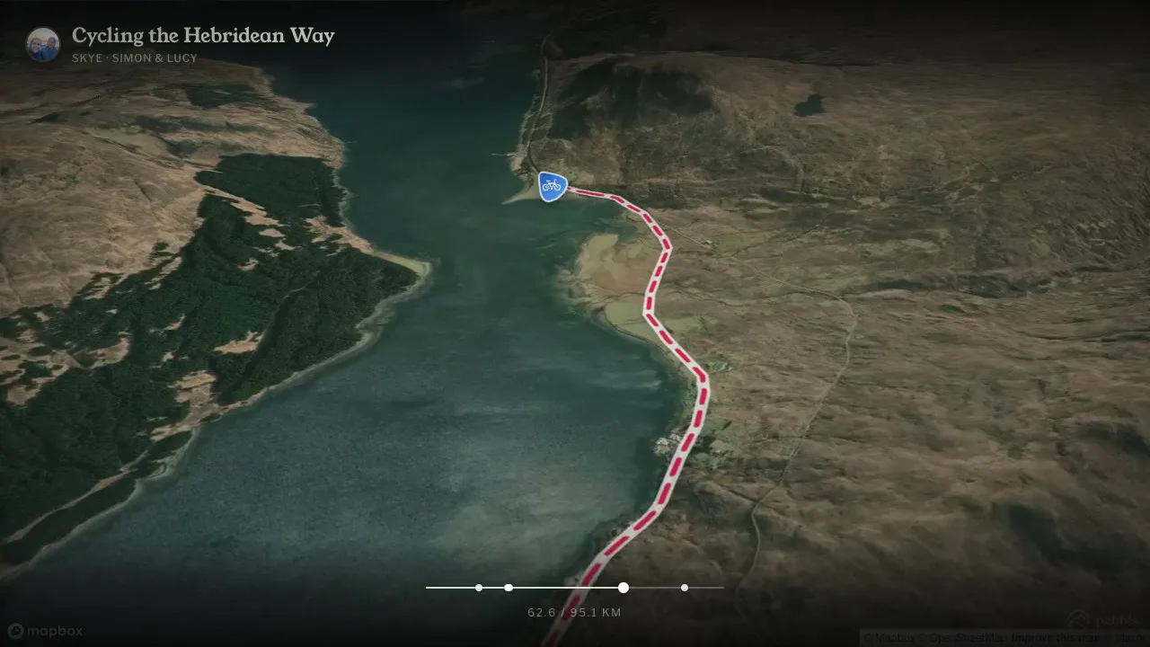 A frame from a flyby film: the camera follows the route along a loch on Skye