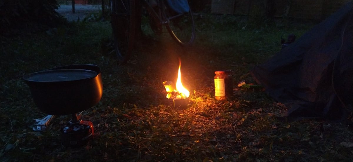Dinner at camp after 132km trip record, Italy