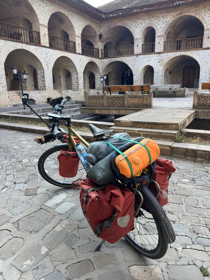 Leaving the Seki Caravansarie, Azerbaijan